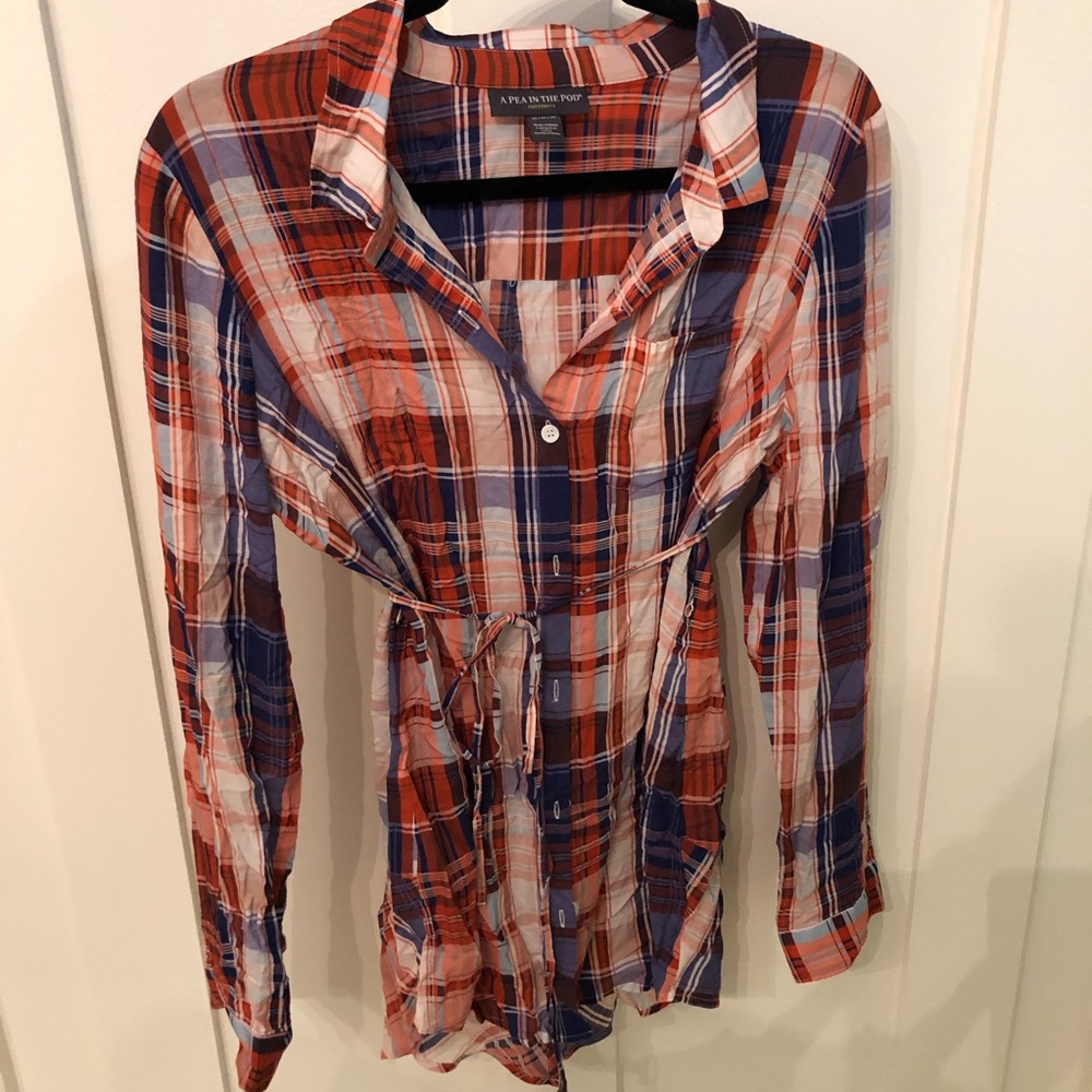 Plaid tie waist maternity blouse